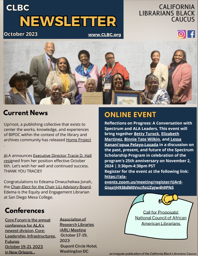 image of october 2023 newsletter includes image of CLBC members and current news headlines and online events